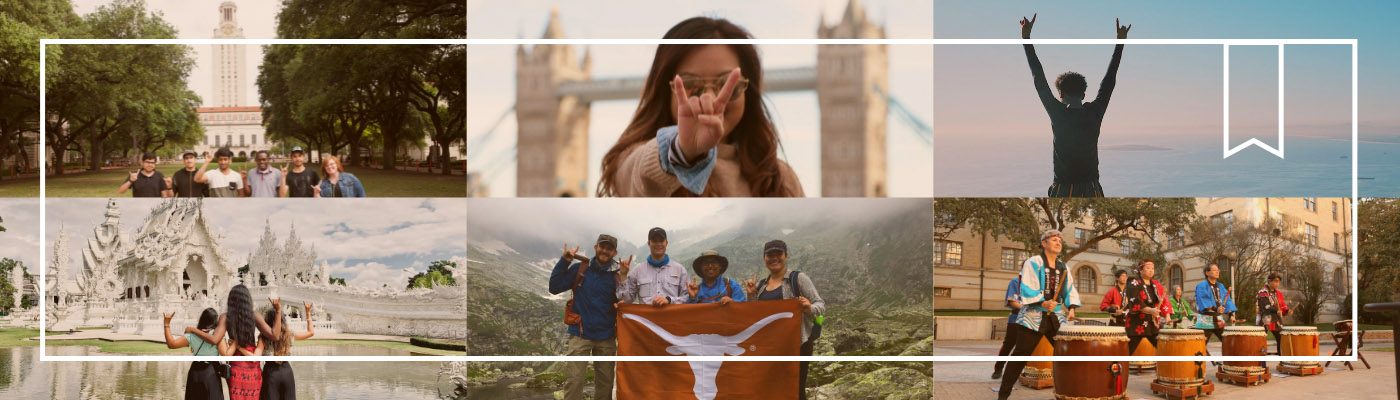 A collage of images featuring education abroad and international students showing the Hook'em Horns Longhorn pride symbol