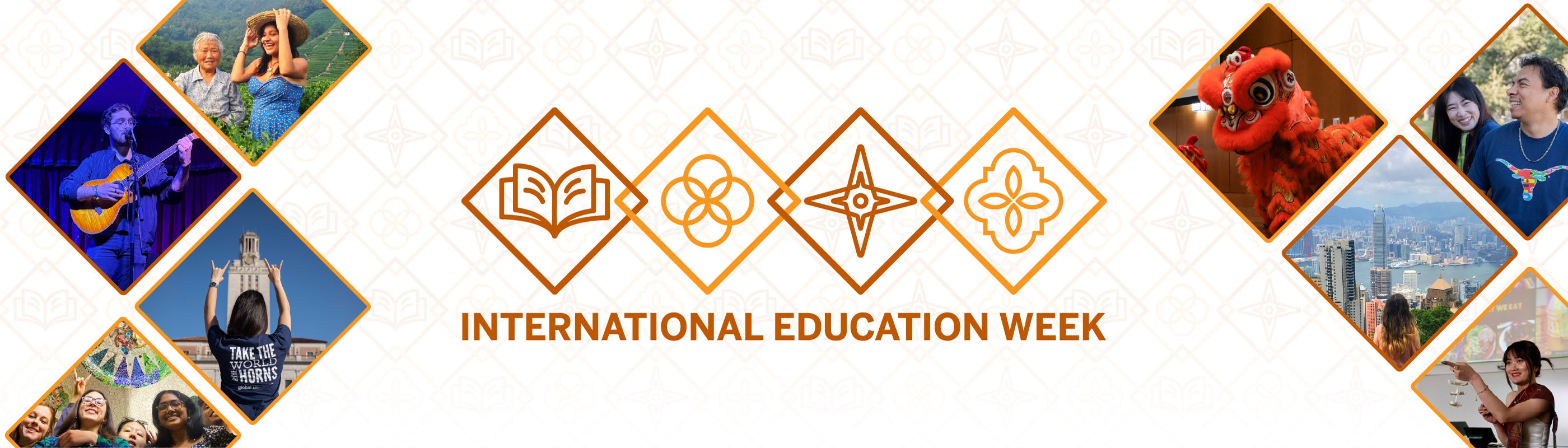 A composite image of various UT students engaged in global activities with a repeating pattern background. International Education Week text is across the center.