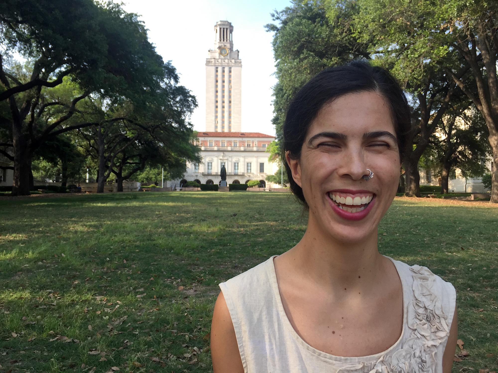 fulbright awardee Mariana Sabino-Salazar in front of the UT tower