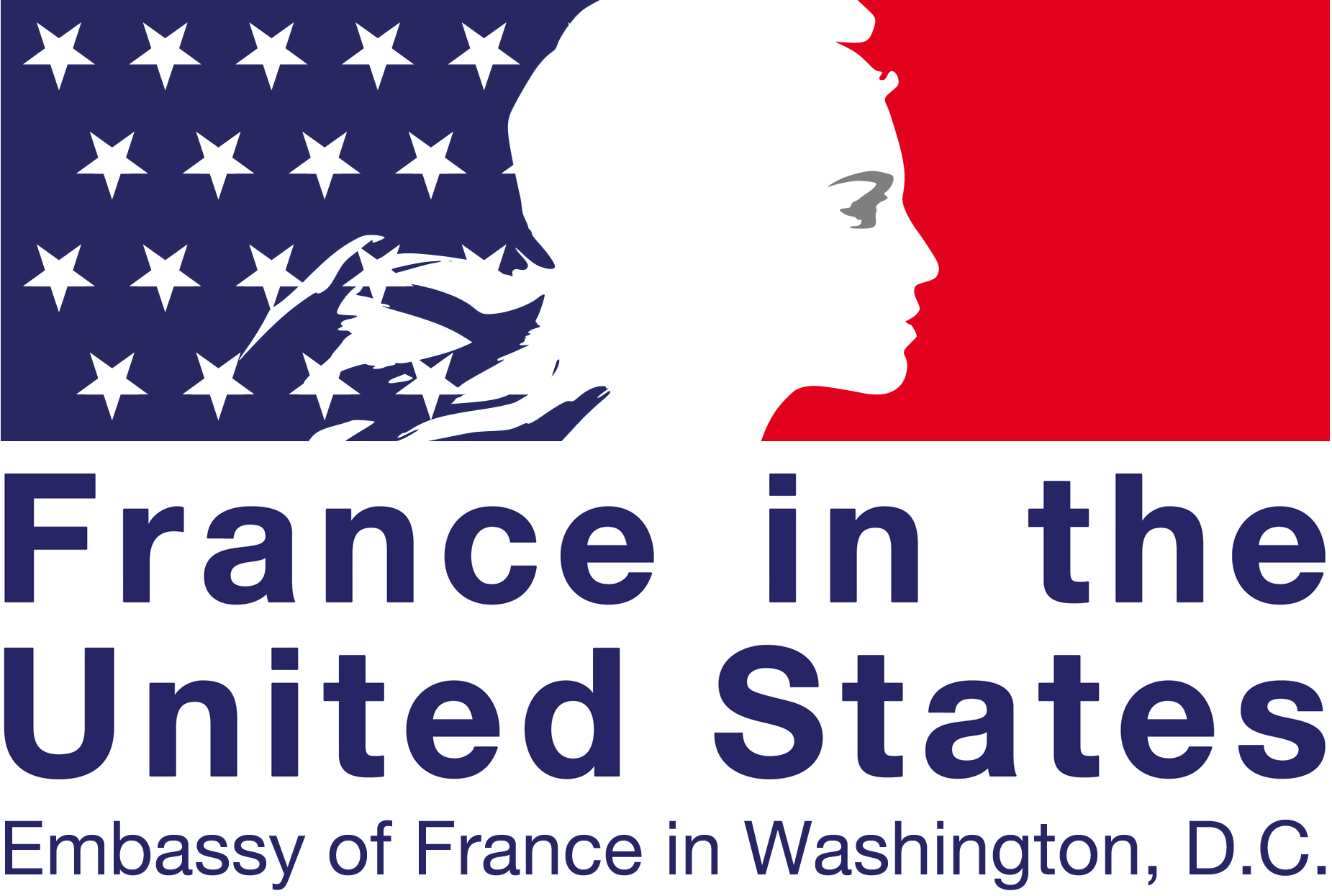 Red white and blue squared logo with side view of face and text saying France in the United States.