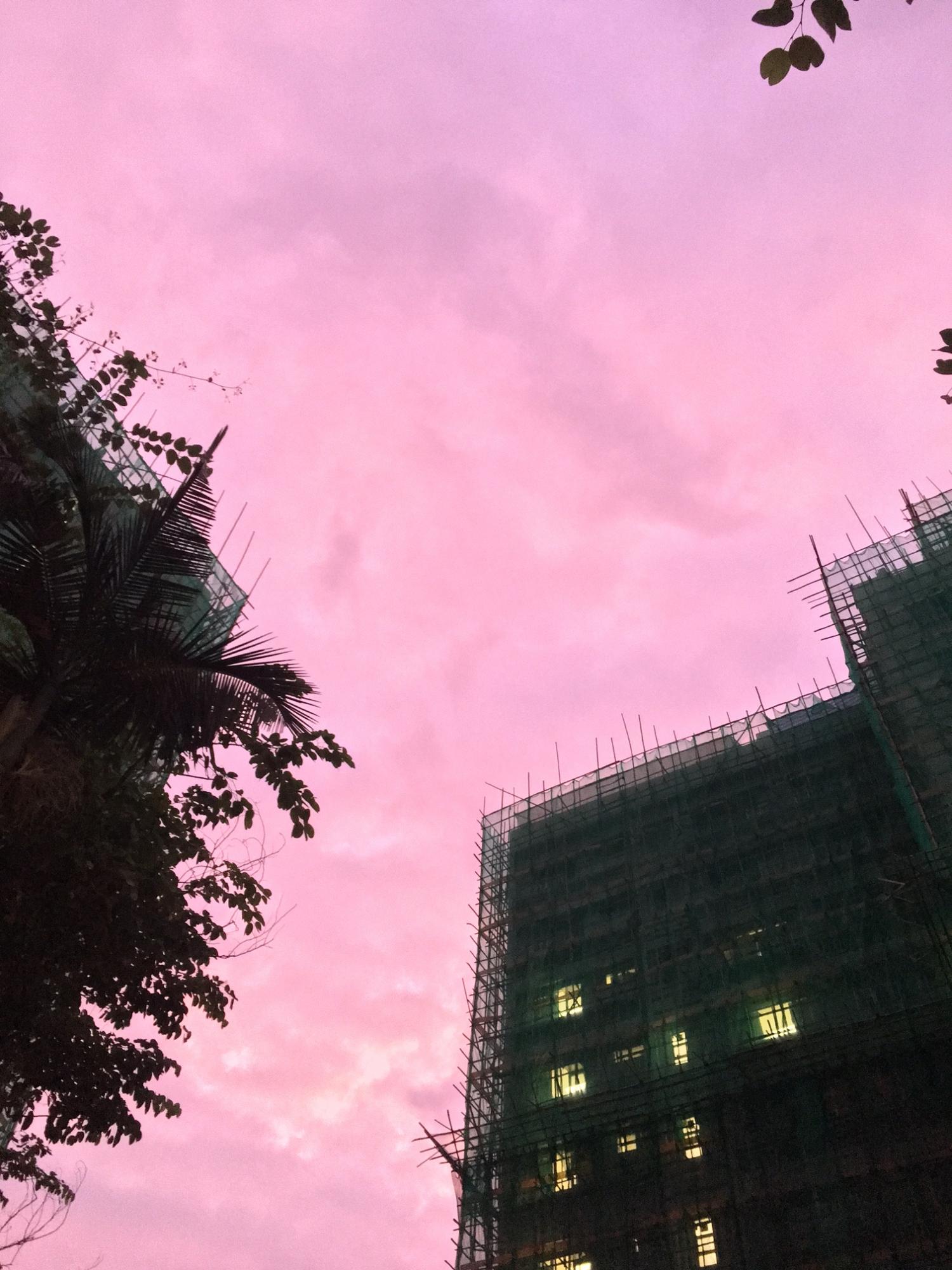 looking up at a building with a pink sky in the background