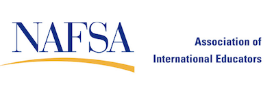 Nafsa Association of International Education. Blue letters and yellow curved line. logo.