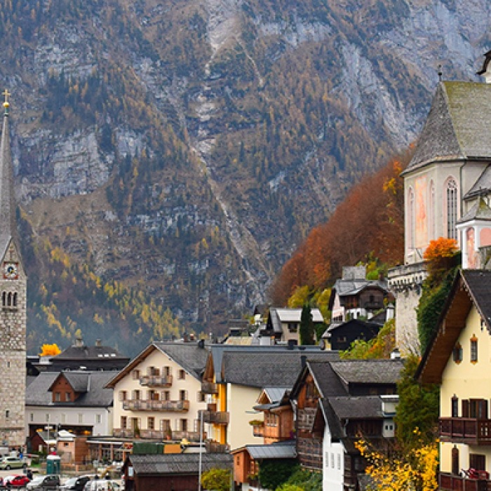 Austrian town with traditional houses and church