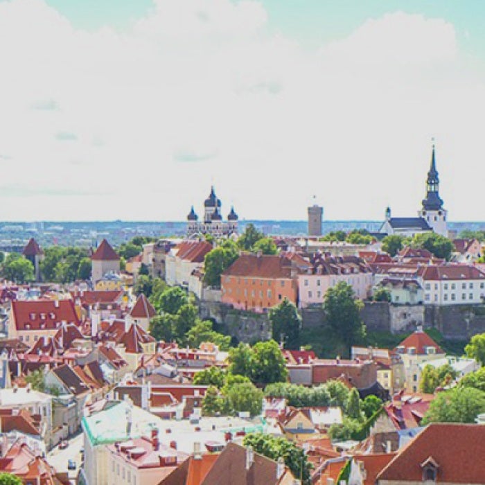 Estonian city with houses and green trees and tall churches