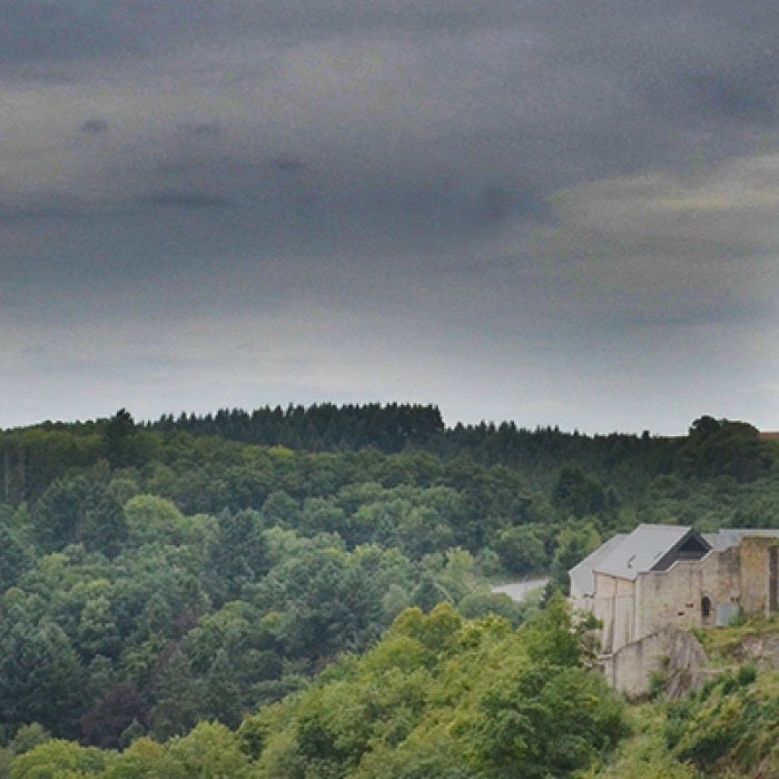Luxembourg castle on the right with green landscape on the left and dark sky