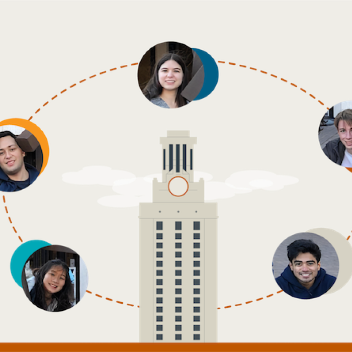 Graphical representation of the UT Tower with a circle of connected students around it.