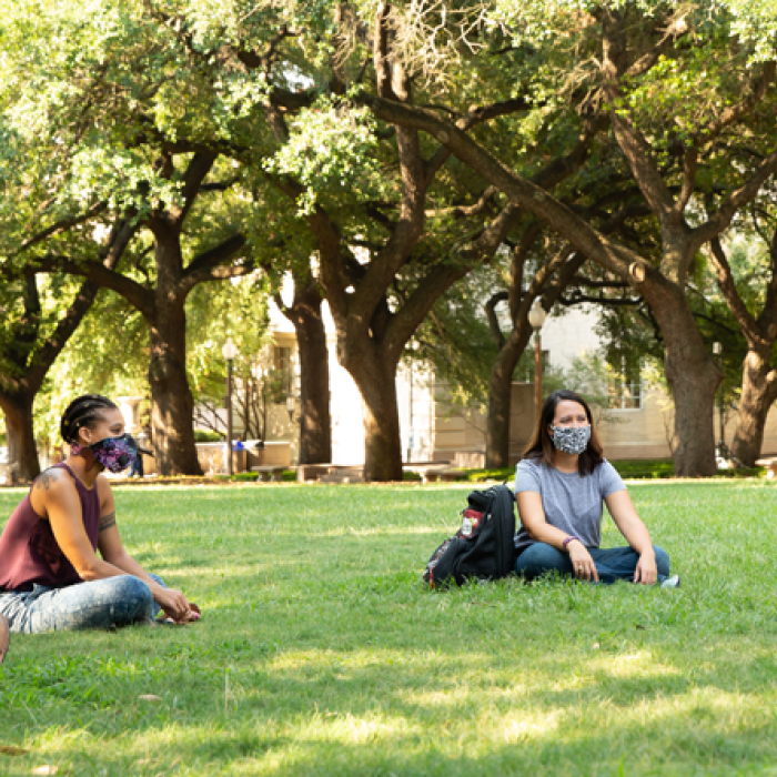 students wearing face masks sit in grass near trees and buildings during daytime