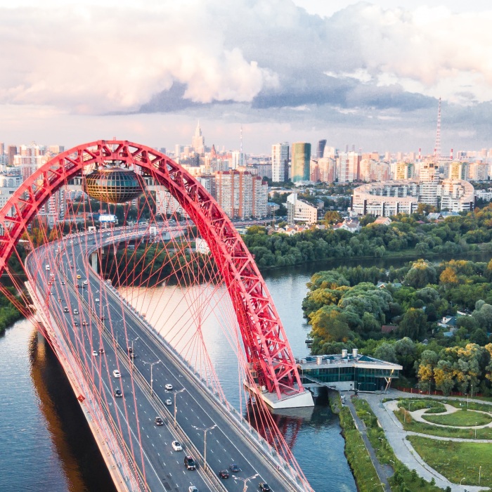 red arch and road bridge on body of water near greenery and buildings