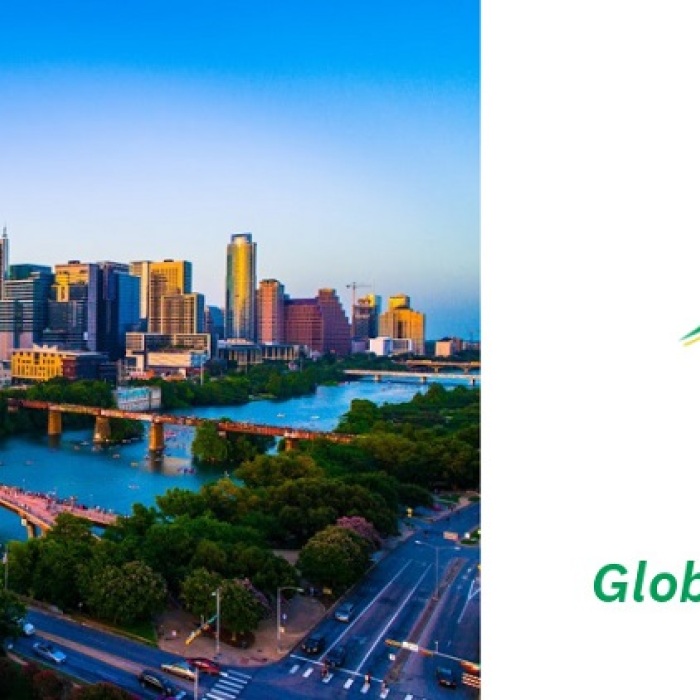 split image (left) photograph of Austin, TX downtown city skyline showing four bridges crossing over Lady Bird Lake; (right) City of Austin Logo with text "ATX + Global Entrepreneurship Summit" underneath