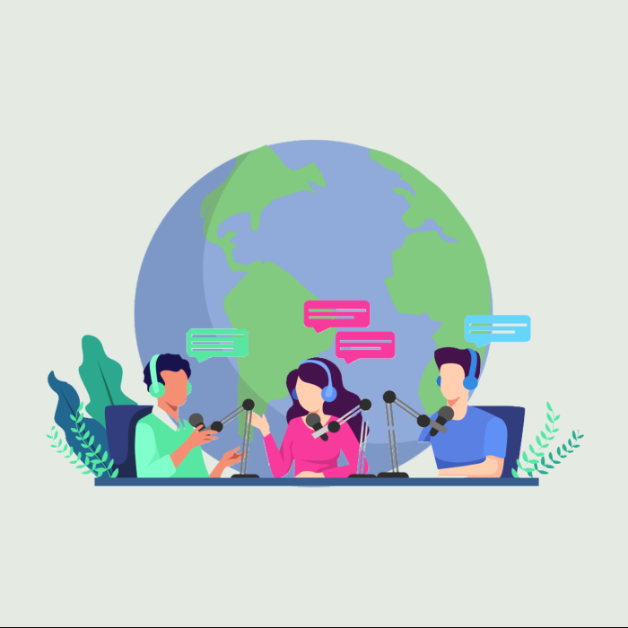 Simple graphic Illustration of two men and one women (center) seated in front of a microphones with speech bubbles talking as if on a podcast; background of globe