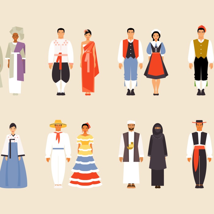 two rows of digital illustrations showing six male and female couples traditional clothing representing (top left to bottom right) Persian, Nigerian, Japanese, Swedish, French,  Argentine, Malay, Chinese, Mexican, Omani, Spanish, and Emerati cultures