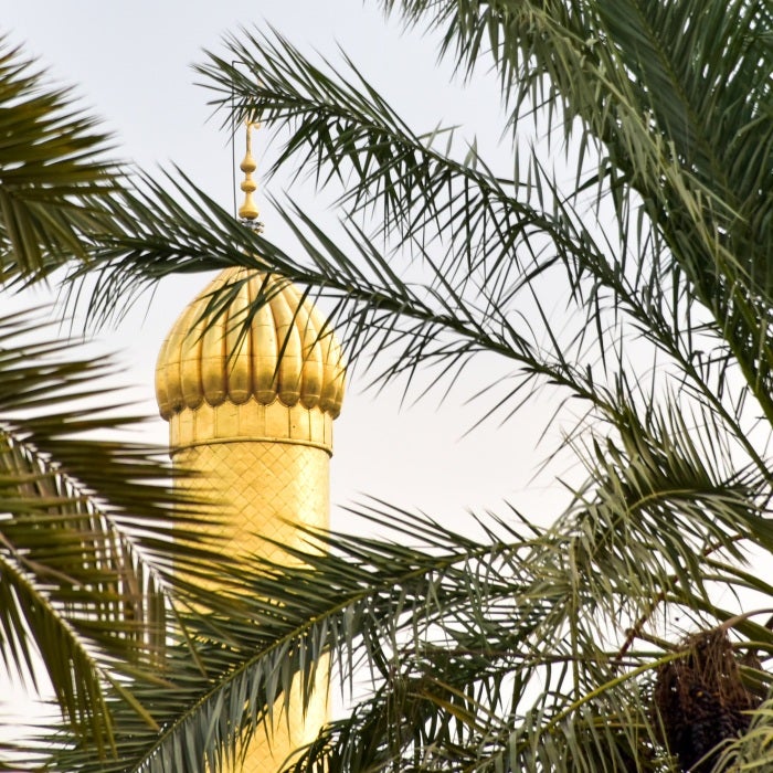 palm trees in front of golden tower during daytime