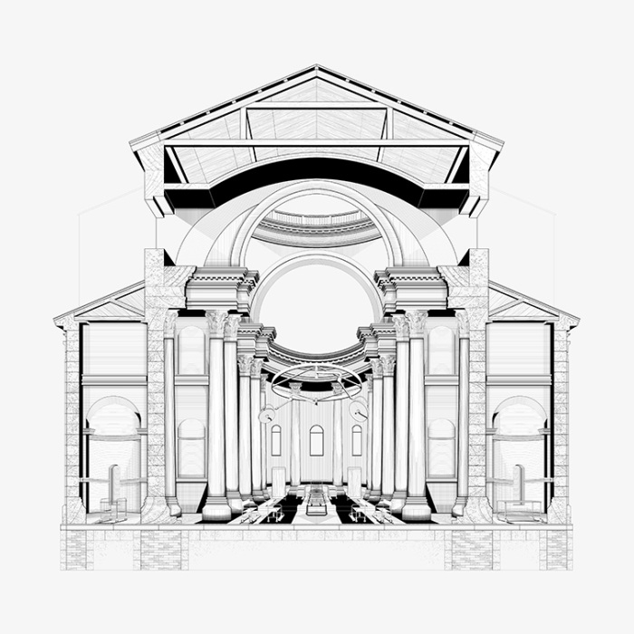 architectural sketch of inside of cathedral
