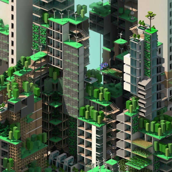 buildings and greenery made of virtual blocks in gaming simulation
