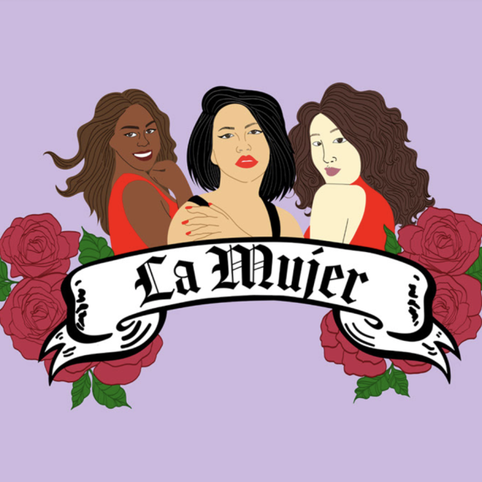 illustration of three women near roses on purple background with banner