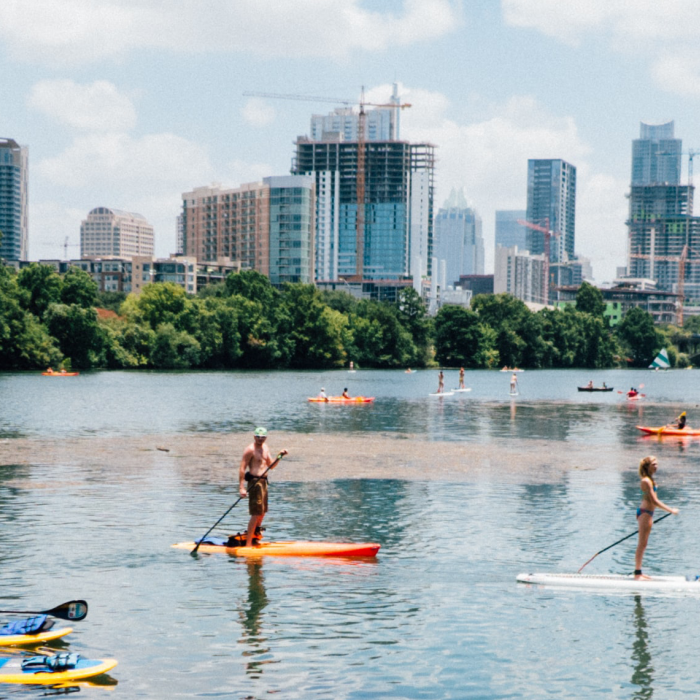 People swim in Ladybird lake in front of the austin skyline  