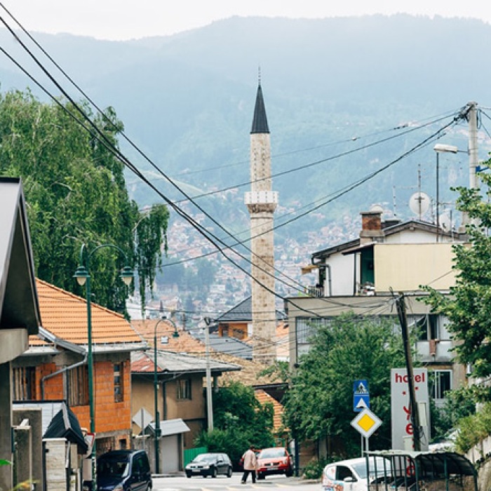 Buildings and trees in Sarajevo, the capital of Bosnia and Herzegovina.