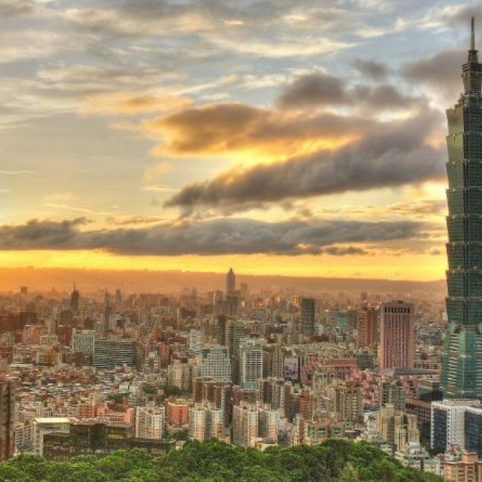a view of the cityscape of taipei, taiwan at sunset 