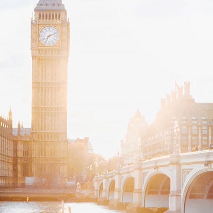 Looking over the river Thames with bridge to London, England and Big Ben clock tower in view