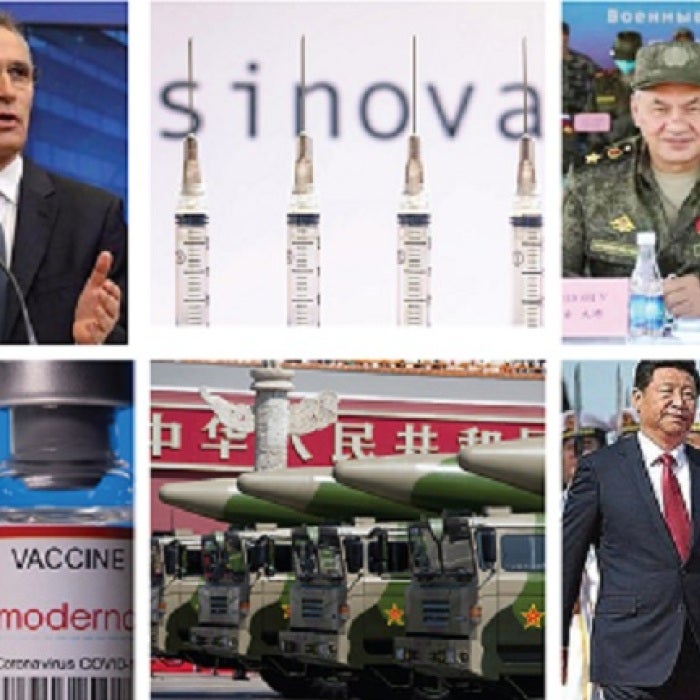 Photo collage of Russian and Chinese diplomats, vials and shots of COVID-19 vaccines, and Chinese military