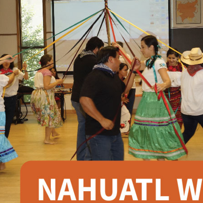 people dancing traditional folk ribbon dance in classroom with people watching and taking pictures around the perimeter. Text on bottom reads "Nahuatl Workshop" in white letters against burn orange background