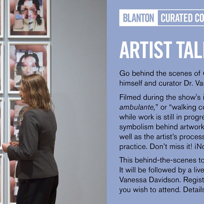 Event flyer with image artist and curator discussing an exhibited work