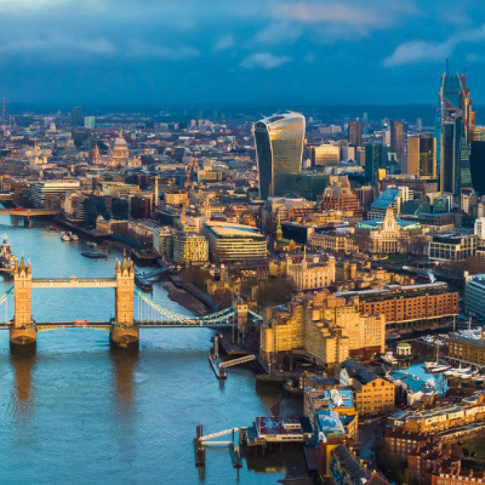 Aerial view of London with London Bridge and Thames river and buildings on either side in view