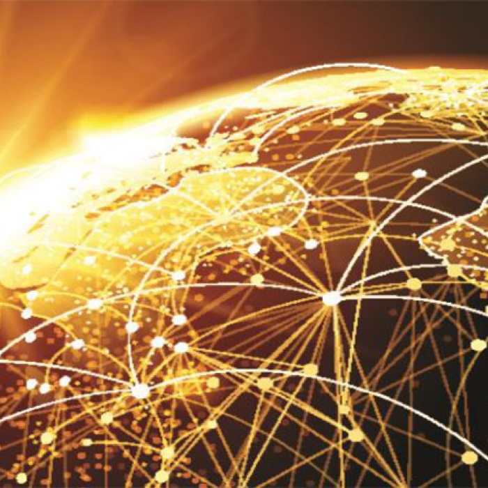 a graphic image of the globe showing global connection points