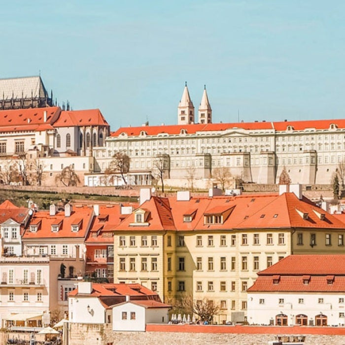 Beautiful architecture and orange roofs in Prague, Czechia