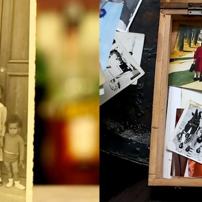 left shows old sepia tone family photo of man with two children; right shows picture box with black and white and color family photos