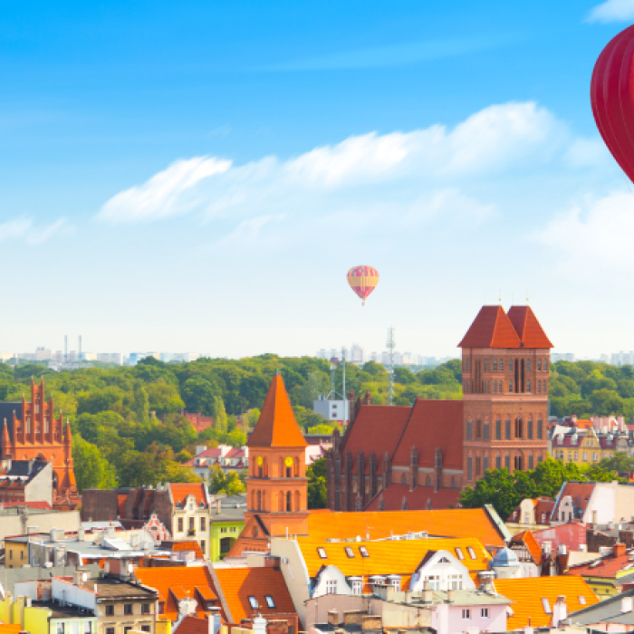 Polish skyline with hot air balloon