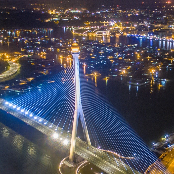 Aerial night view of Sungai Kebun Bridge with the water village of Bandar Seri Begawan in Brunei Darussalam