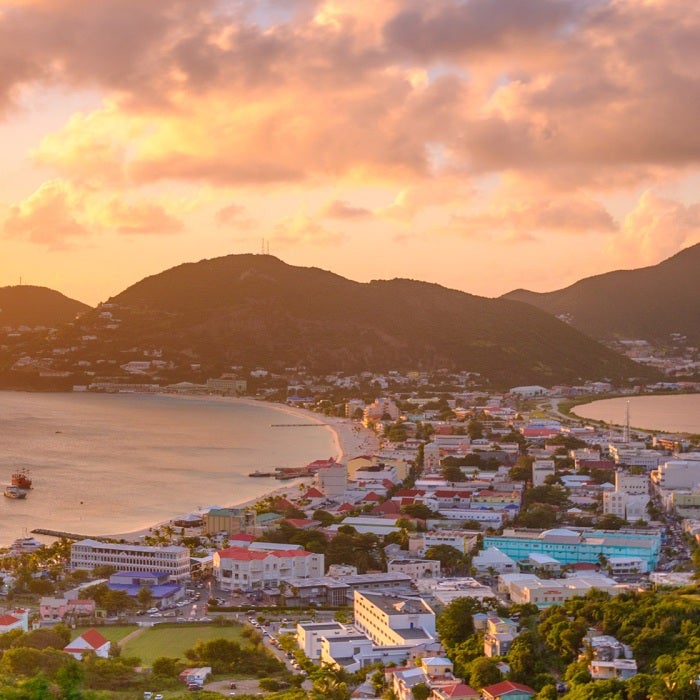 View of the beautiful capitol city of Philipsburg at sunset on the bay of Sint Maarten