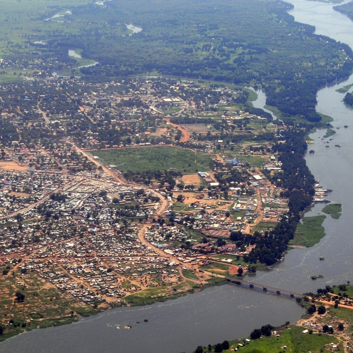 Aerial of Juba, the capital of South Sudan, with the river Nile running through the middle, taken from the south looking towards the north.