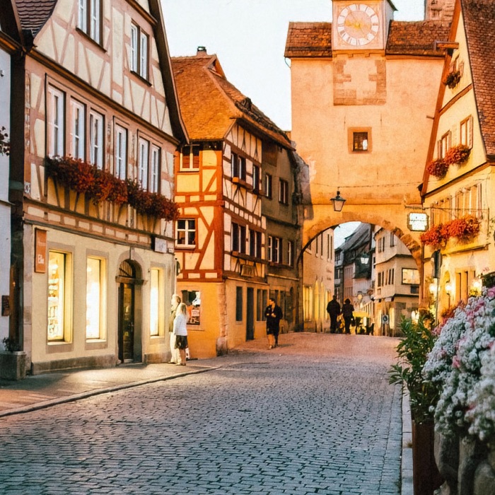 A eye-level photo of a picturesque old stone street in Rothenburg ob der Tauber, Germany, with the soft glow of local shops spilling onto the surroundings as evening comes.