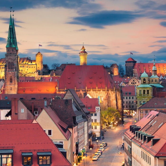 Historic downtown of Nuremberg, Germany at sunset.