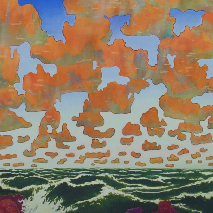 orange clouds and green land in artistic image