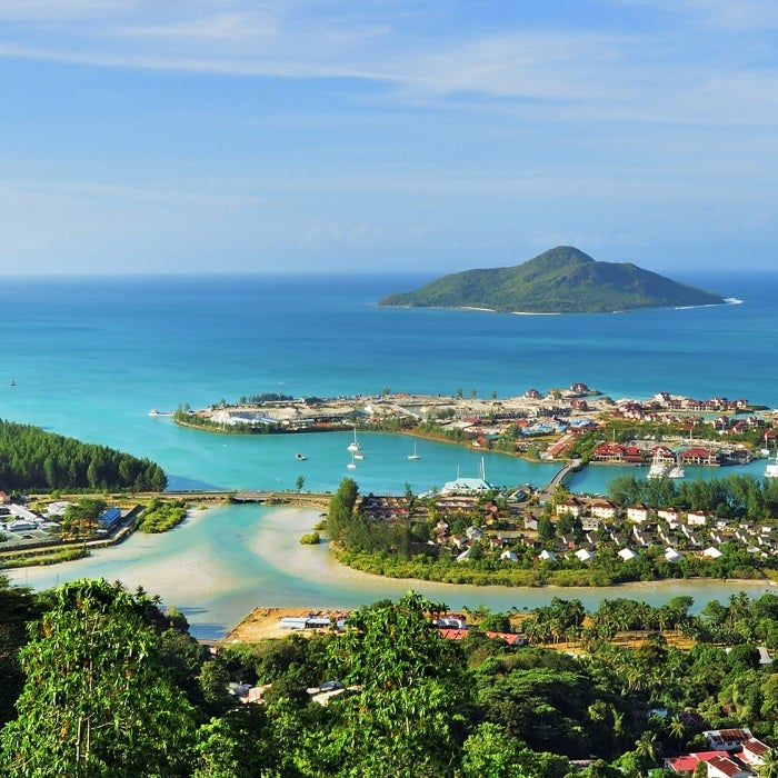 Aerial view on the coastline of the Seychelles Islands and luxury Eden Island from Victoria viewpoint, Mahe, Seychelles