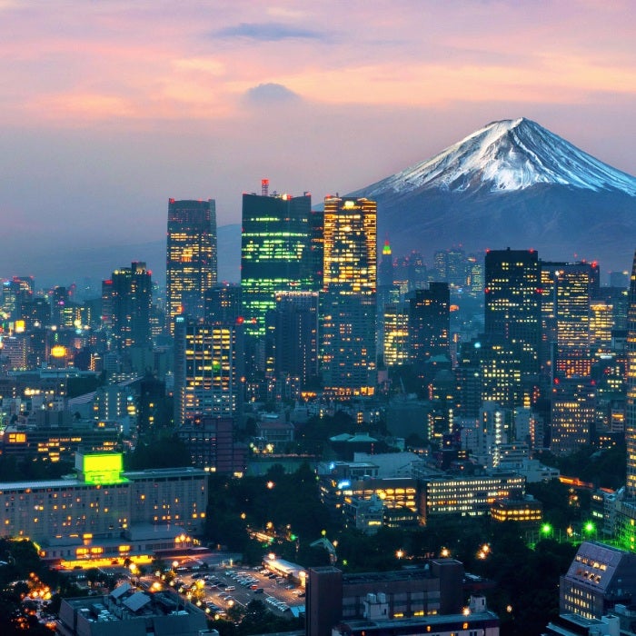 Aerial view of Tokyo cityscape during the blue hour with Mount Fuji in background against a gorgeous pink and blue sunset sky