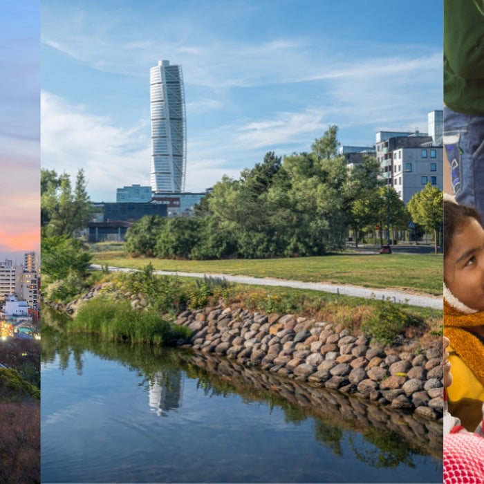 Triptych: Buildings in Japan, pathways in Sweden, children in India