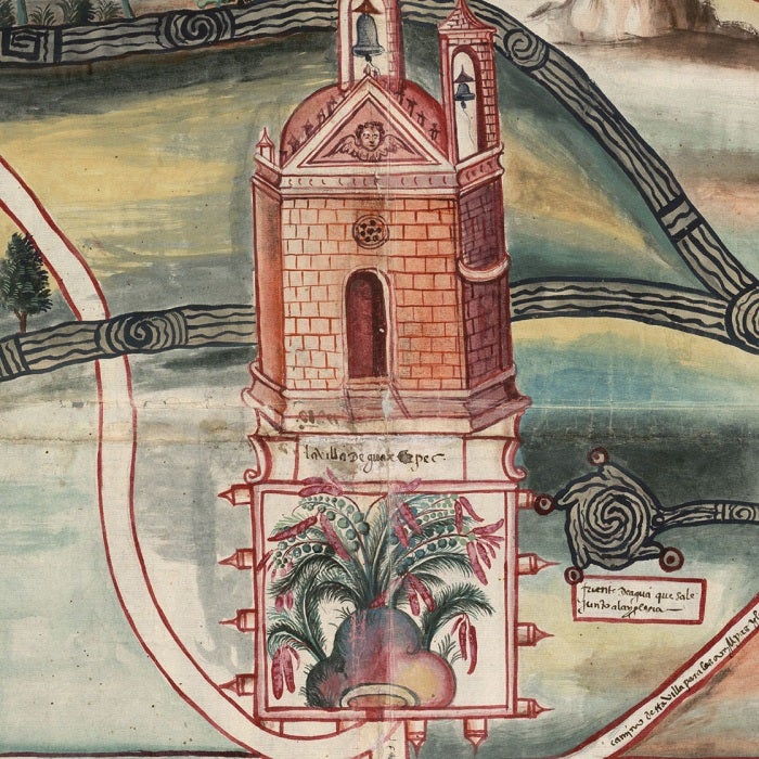 An old and colorful Latin American map detail is shown