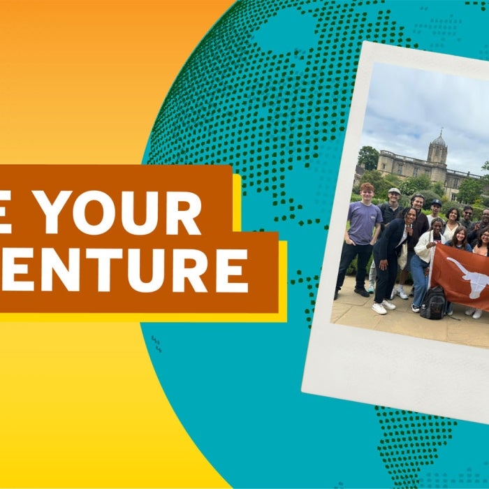 Choose Your Own Adventure! Graphic of globe and hand holding polaroid photo of UT study abroad students in England
