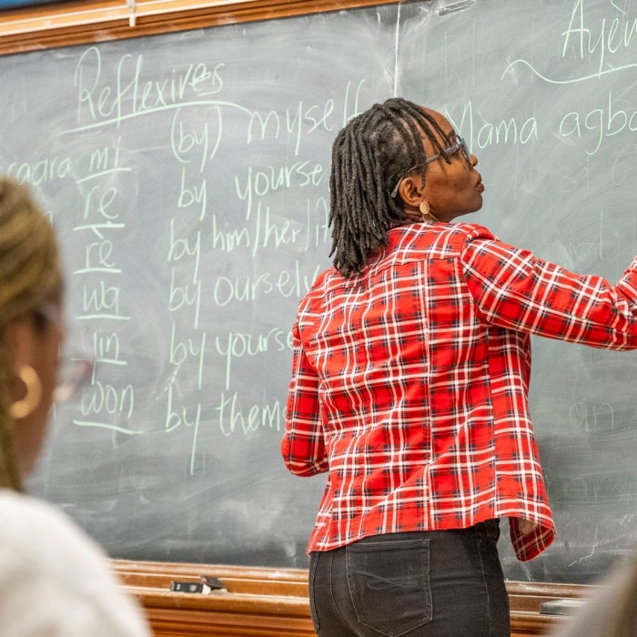 A female teacher in a red shirt writes on chalk board in front of students