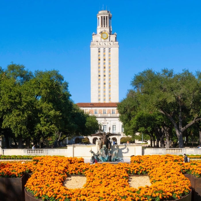 A view of the Tower at UT Austin with the logo in flowers and Littlefield fountain in view on a blue sky day