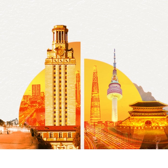 A graphic of the UT tower and different global landmarks in South Korea against a rising orange sun in the background