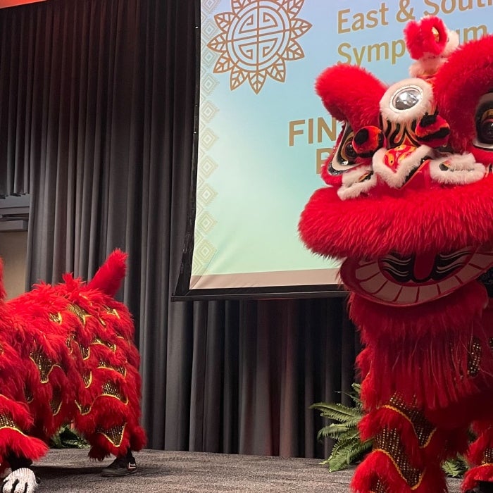 Red dragon dancers during a performance at UT Austin