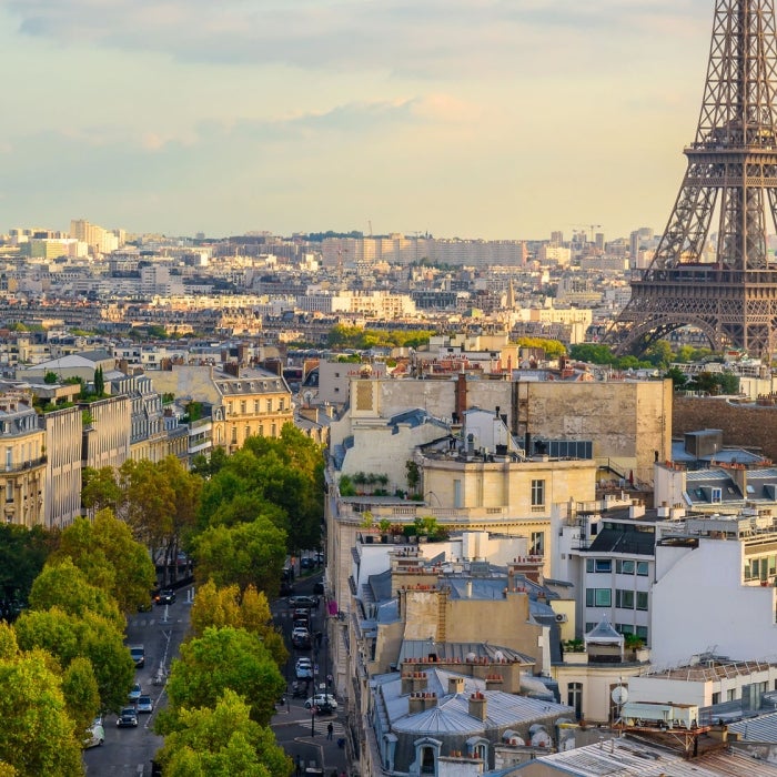 Aerial view of Paris with the famous Eiffel tower in the background
