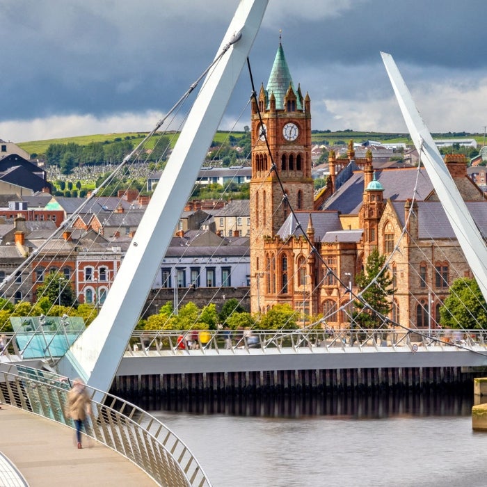 looking across the river over an inconic bridge at old historic buildings