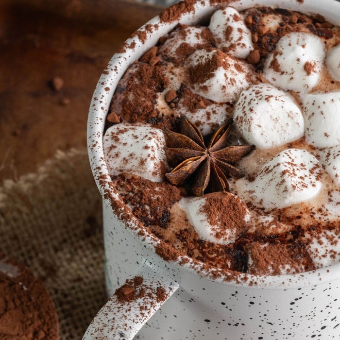 Hot Chocolate or Cocoa is displayed on a decorative dish with marshallows and cinnamon
