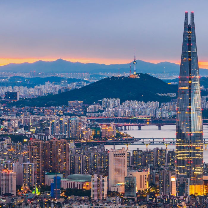 Seoul City, South Korea skyline and downtown in the evening from Namhansanseong mountain.